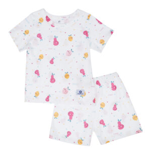 Bộ quần cộc tay bé gái KidsMBVT kẻ ngang in hình quả M21H (Trắng)