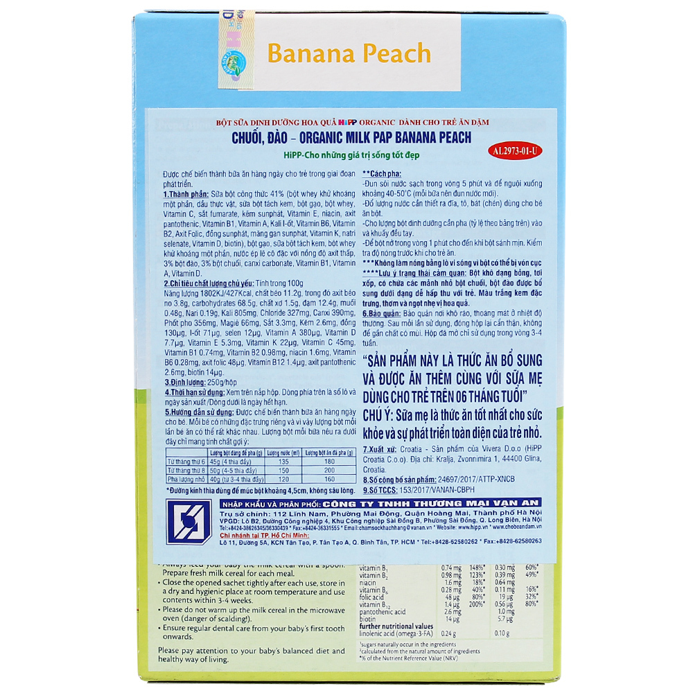 Bột ăn dặm HiPP sữa Chuối, Đào 2973 Thông tin bột ăn dặm HiPP sữa Chuối, Đào