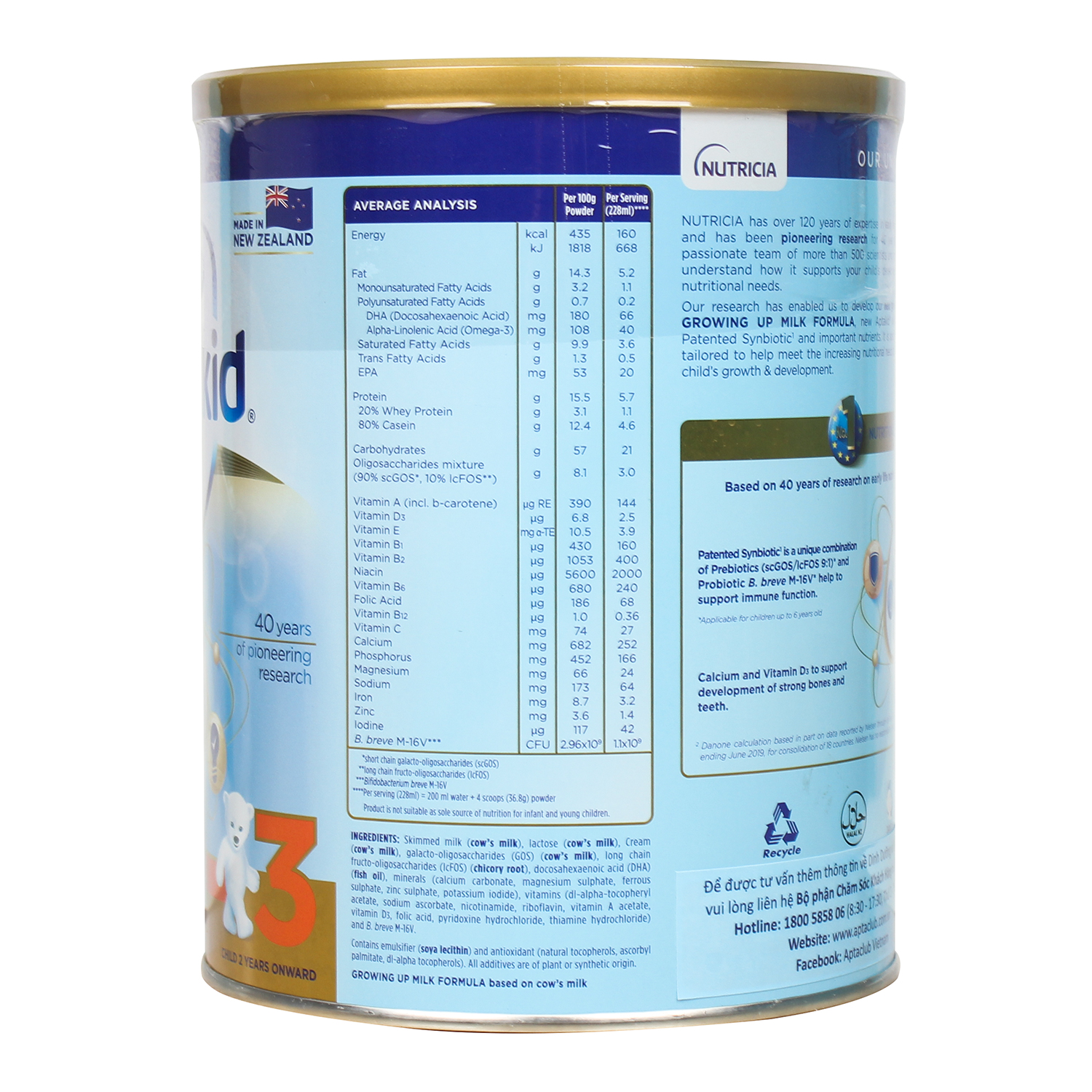Sữa Aptakid New Zealand số 3 900g cho bé 2Y+ 4 Thành phần dinh dưỡng sữa Aptakid New Zealand