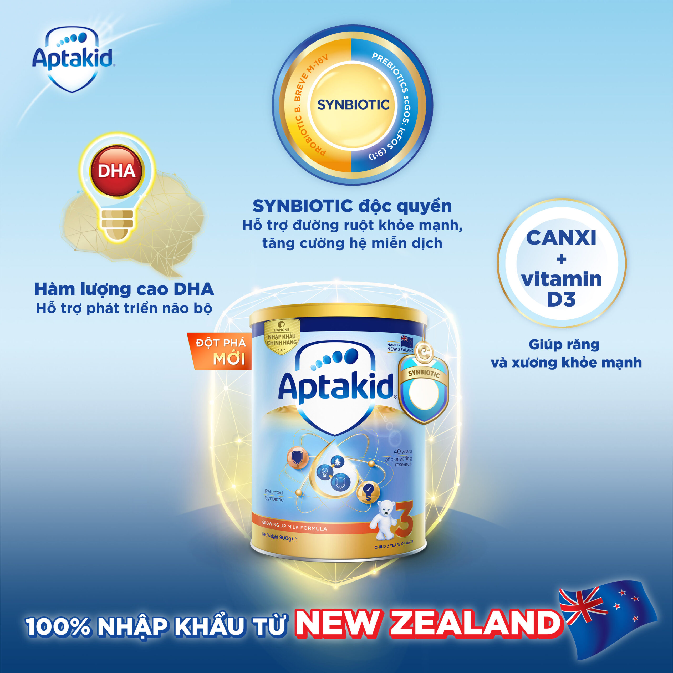 Sữa Aptakid New Zealand số 3 900g cho bé 2Y+ 2 Sữa Aptakid New Zealand số 3 900g cho bé 2Y+ Có chứa Synbiotic và hàm lượng DHA cao