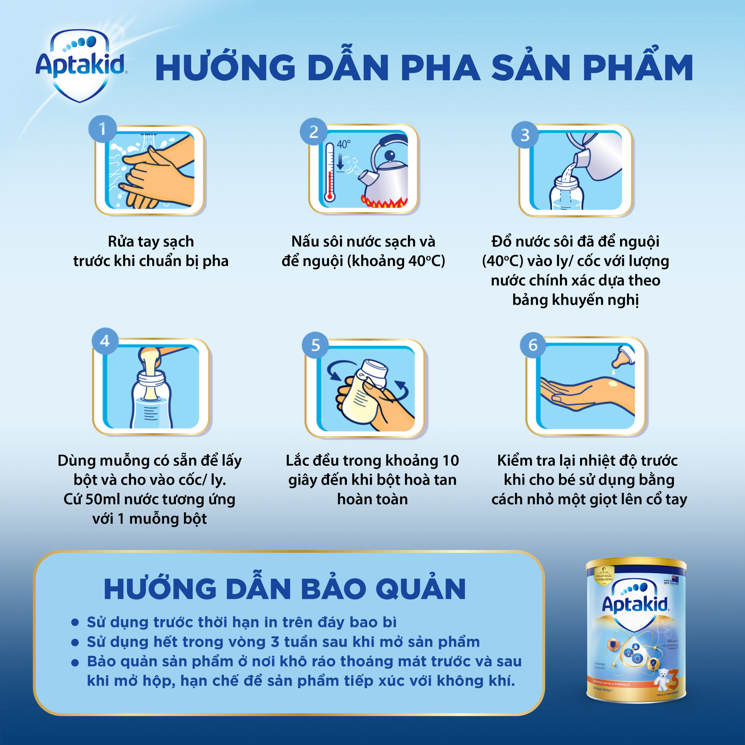 Sữa Aptakid New Zealand số 3 900g cho bé 2Y+ 6 Cách pha sữa Aptakid New Zealand số 3 900g cho bé 2Y+