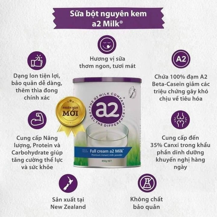 Sữa tươi dạng bột nguyên kem A2 (850g) cho người lớn và trẻ em trên 1 tuổi 3 sua tuoi dang bot nguyen kem a2 850g cho nguoi lon va tre em tren 1 tuoi 5